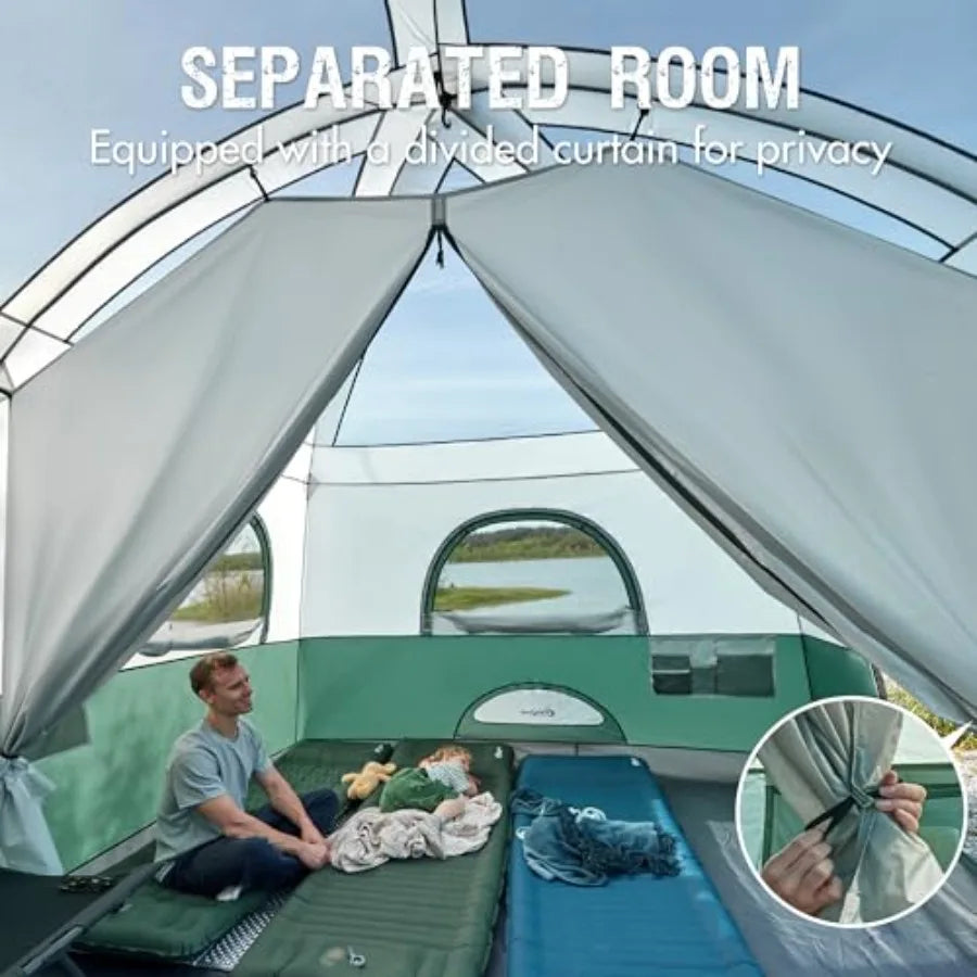 Family camping tent for 6/8/10 persons with porch, tall height, excellent ventilation, water-resistant fabric, ideal for outdoo