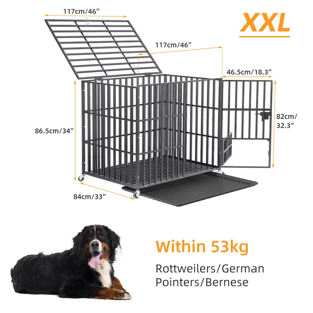 Large Heavy Duty Dog Crate Strong Pet Cage Tear Resistant Square Tube Metal Kennel Playpen with Lockable Wheels and Tray