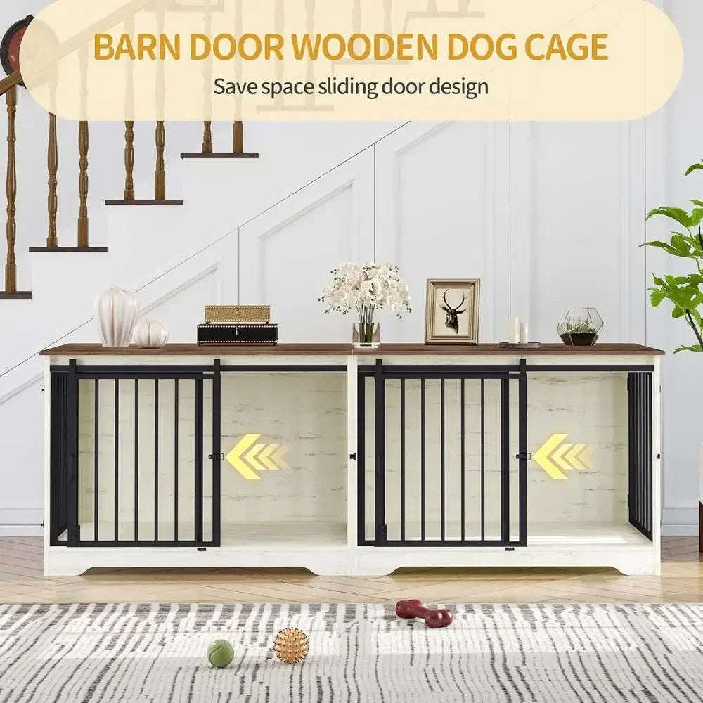 Double Dog Cage with Divider, Heavy Duty Wooden Kennel, Pet Crate for Large, Medium, Small Dogs, Barn Door Style, White/Brown