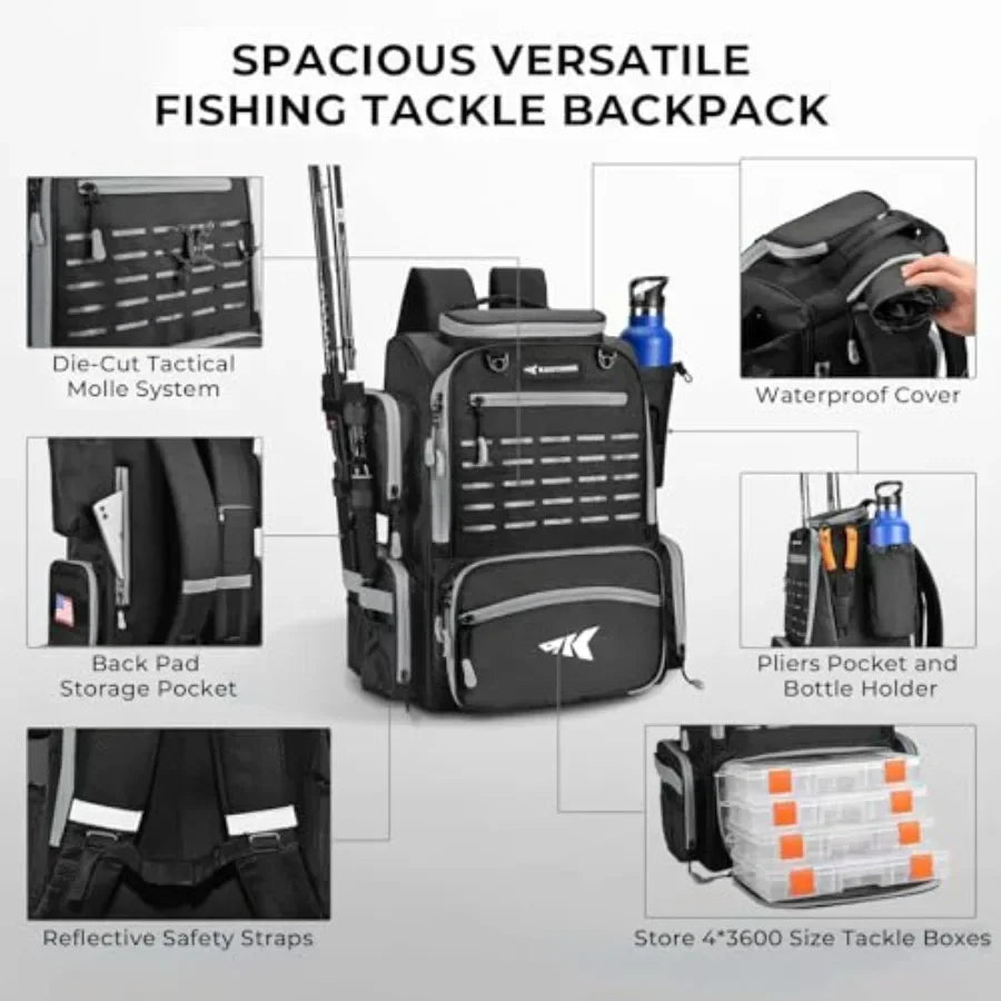 Fishing tackle backpack for outdoor use, durable nylon fabric, black color, features 4 tackle boxes, rod holders, and included