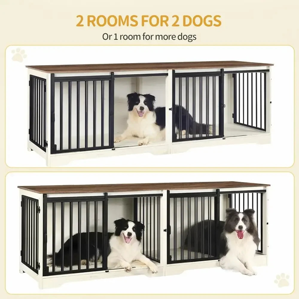 Double Dog Cage with Divider, Heavy Duty Wooden Kennel, Pet Crate for Large, Medium, Small Dogs, Barn Door Style, White/Brown