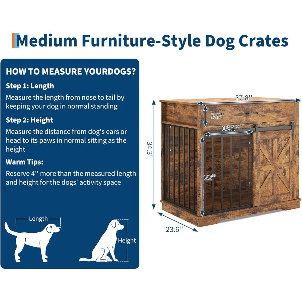 37.8" Farmhouse Dog Crate Furniture 2-in-1 Iron-Wood Dog Cage End Table With Sliding Barn Doors & Drawer For Small Medium Dogs
