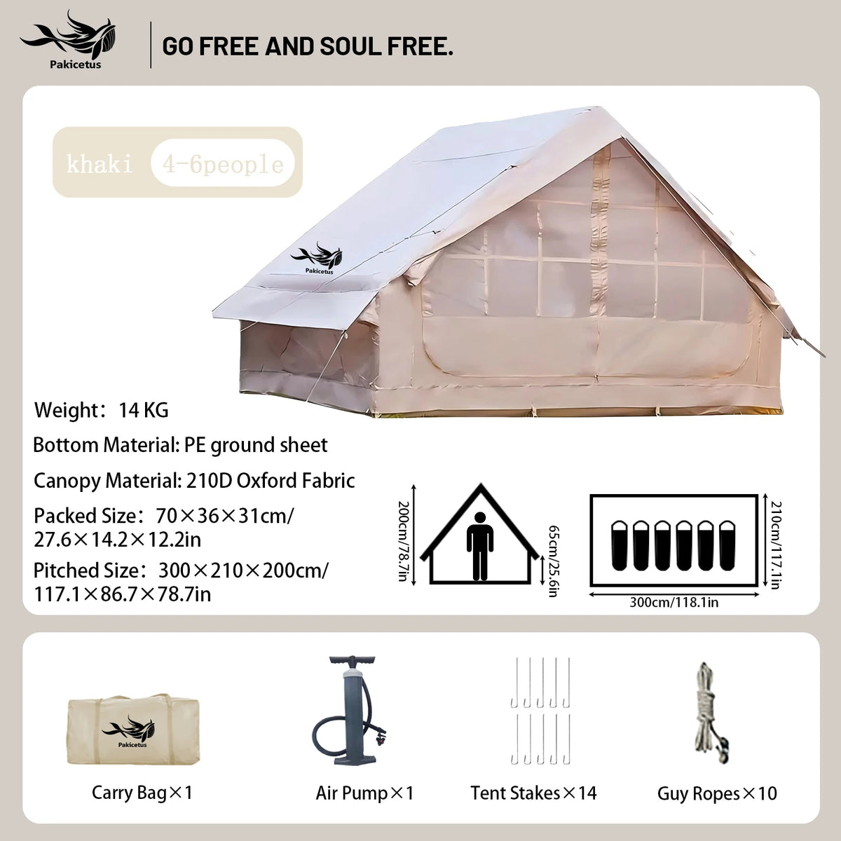 Pakicetus Quick Setup Inflatable Camping Tent, Waterproof Family Tent for 4-8 Persons, Portable Air Tent with Carry Bag