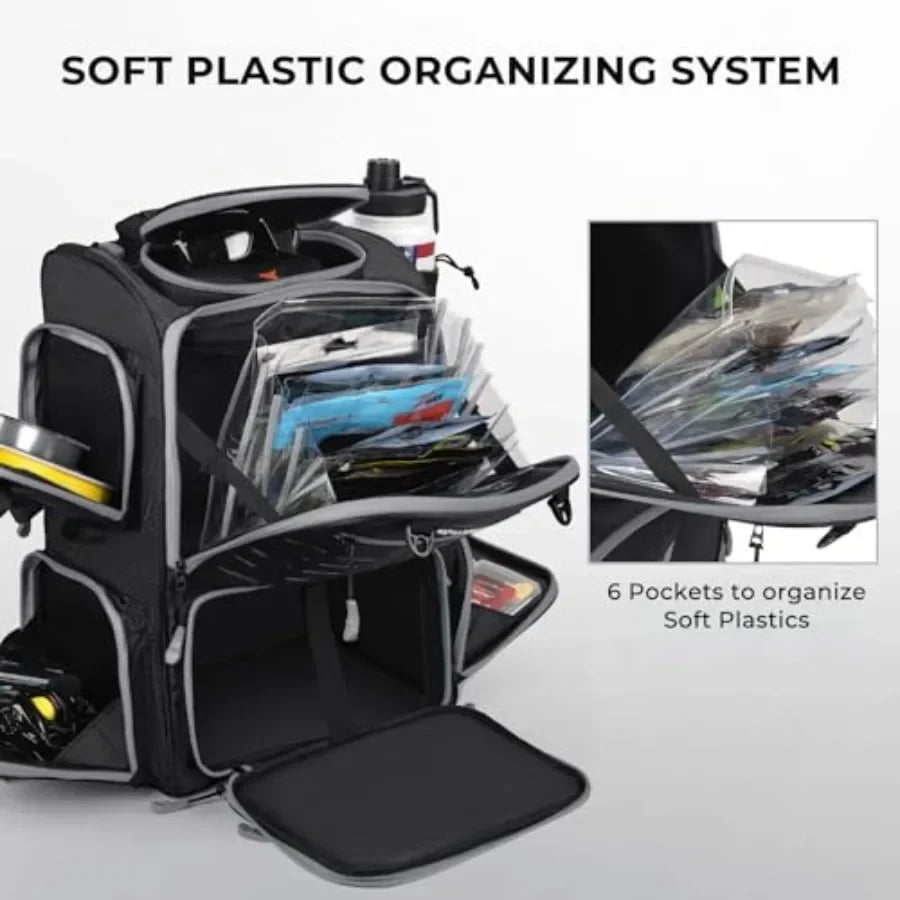 Fishing tackle backpack for outdoor use, durable nylon fabric, black color, features 4 tackle boxes, rod holders, and included