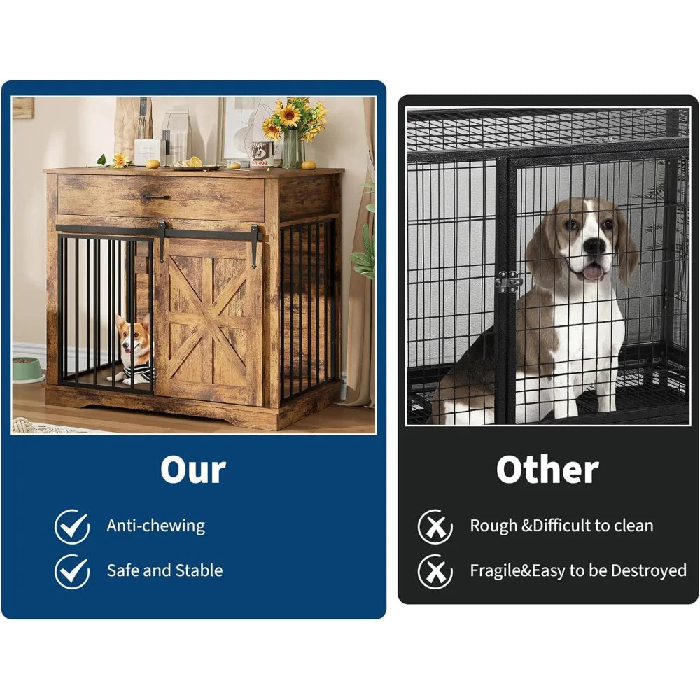 37.8" Farmhouse Dog Crate Furniture 2-in-1 Iron-Wood Dog Cage End Table With Sliding Barn Doors & Drawer For Small Medium Dogs