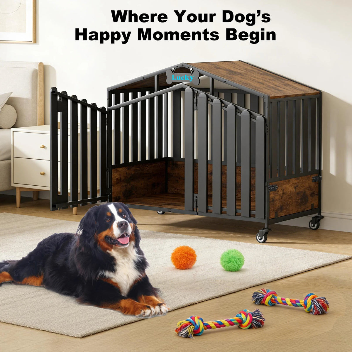 31"/41"/48“ XL Heavy Duty Dog Crate Furniture with Wheels, Dog Crates for Large Dogs Extra-Wide Thick Steel Plates for Chew Res