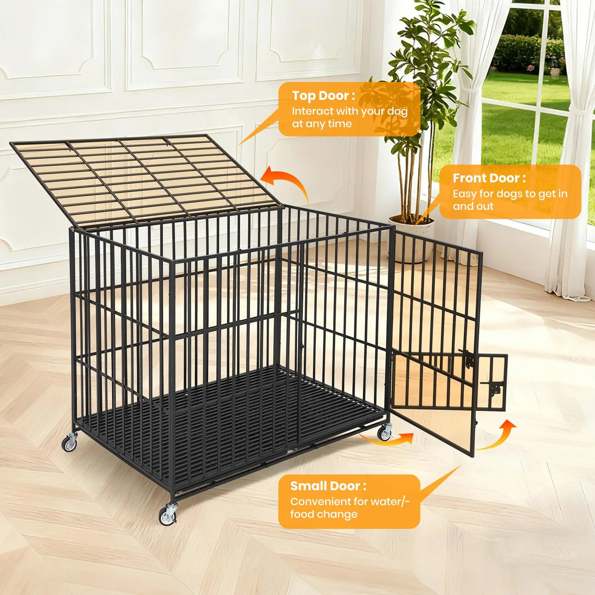 Heavy Duty Escape-Proof Metal Dog Crate Steel Kennel Dog Cage with 3 Doors, Removable Tray, Locking Wheels Medium/Large Breeds