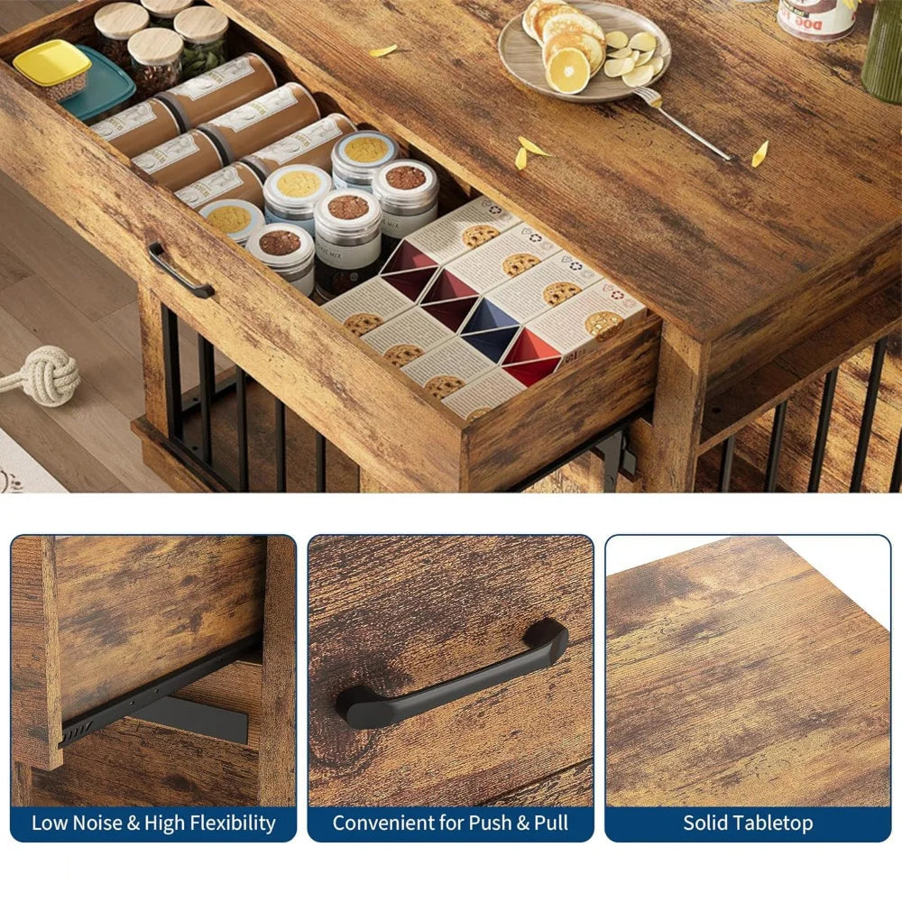 37.8" Farmhouse Dog Crate Furniture 2-in-1 Iron-Wood Dog Cage End Table With Sliding Barn Doors & Drawer For Small Medium Dogs