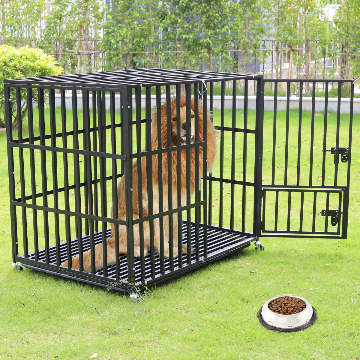 Large Heavy Duty Dog Crate Strong Pet Cage Tear Resistant Square Tube Metal Kennel Playpen with Lockable Wheels and Tray