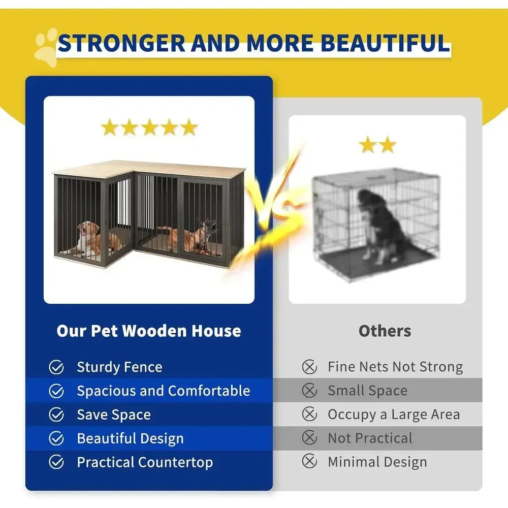 Large Double Dog Crate with Divider, 79.1 & 37.4 Lengths, Steel Frame, Black Gray