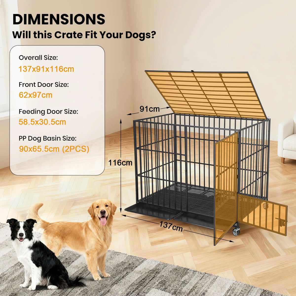 Heavy Duty Escape-Proof Metal Dog Crate Steel Kennel Dog Cage with 3 Doors, Removable Tray, Locking Wheels Medium/Large Breeds