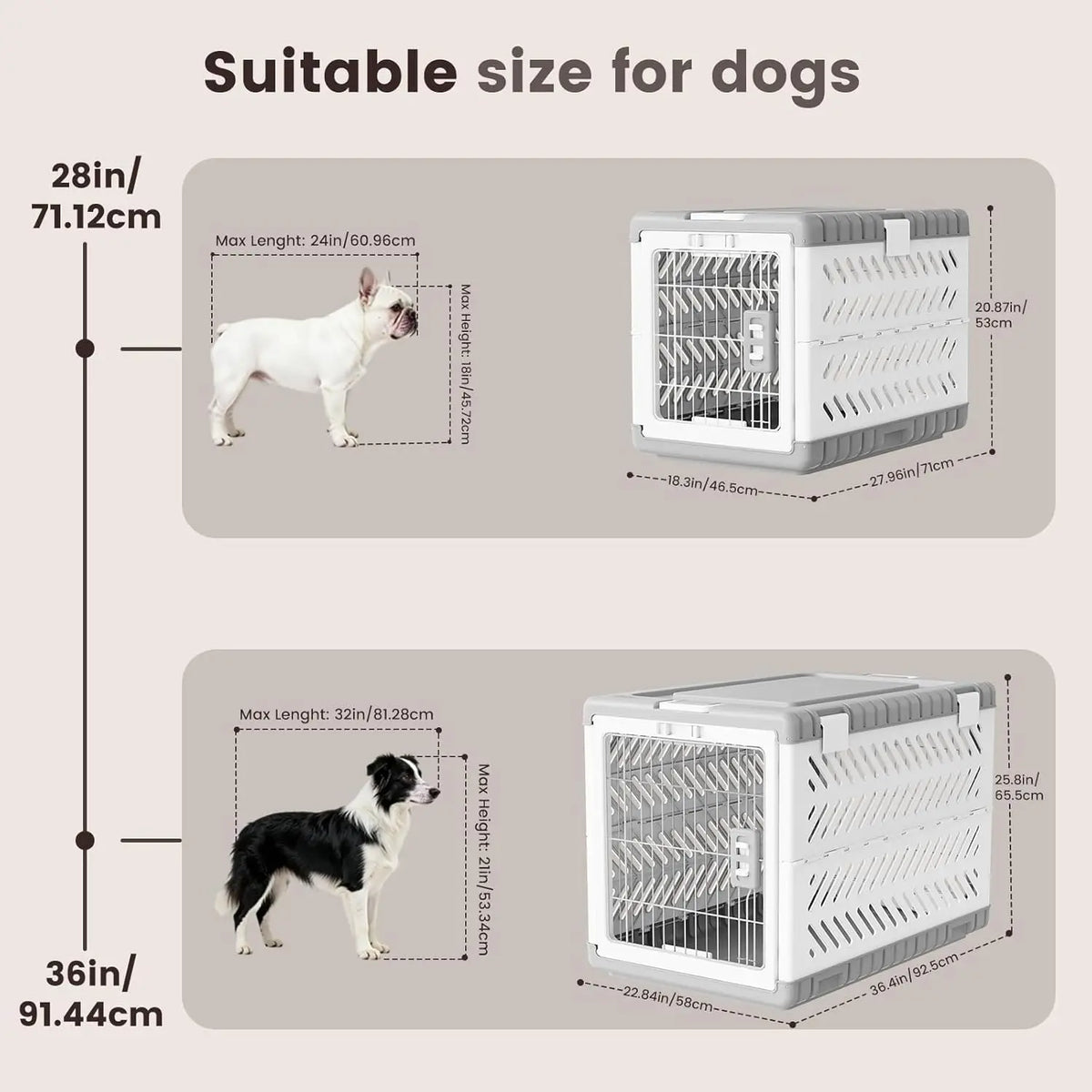 Collapsible Dog Crate for Medium/Small Dogs - 28" L Foldable Cage No-Tool Assembly, Travel Crate with 2 Wheels, Easy to Carry
