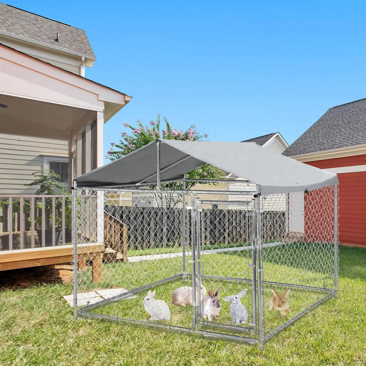 79×79×70 Inch Heavy Duty Metal Dog Kennel Outdoor Galvanized Pet Cage With Waterproof UV Cover & Lock Large Outside Fence Pen