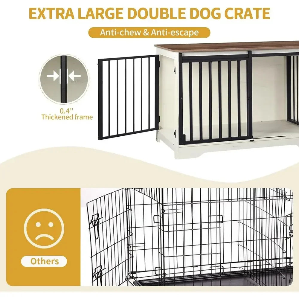 Double Dog Cage with Divider, Heavy Duty Wooden Kennel, Pet Crate for Large, Medium, Small Dogs, Barn Door Style, White/Brown