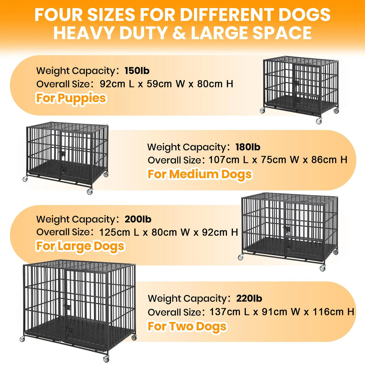 Heavy Duty Escape-Proof Metal Dog Crate Steel Kennel Dog Cage with 3 Doors, Removable Tray, Locking Wheels Medium/Large Breeds