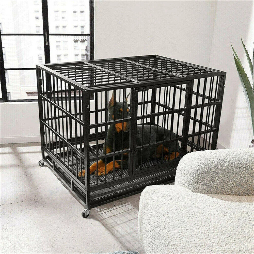 Large Heavy Duty Dog Crate Strong Pet Cage Tear Resistant Square Tube Metal Kennel Playpen with Lockable Wheels and Tray