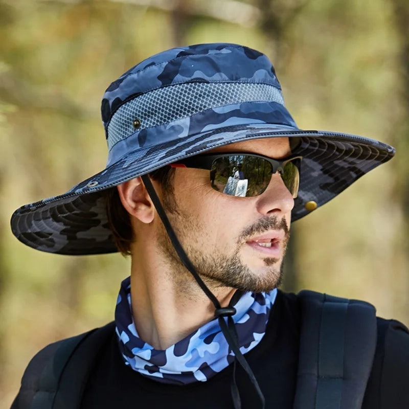 Summer Men Breathable Sun Hat Outdoor Traveling Fishing Hiking Hat Sunscreen Fisherman Bucket Hats Wide Brim Male Cap Uv Protect