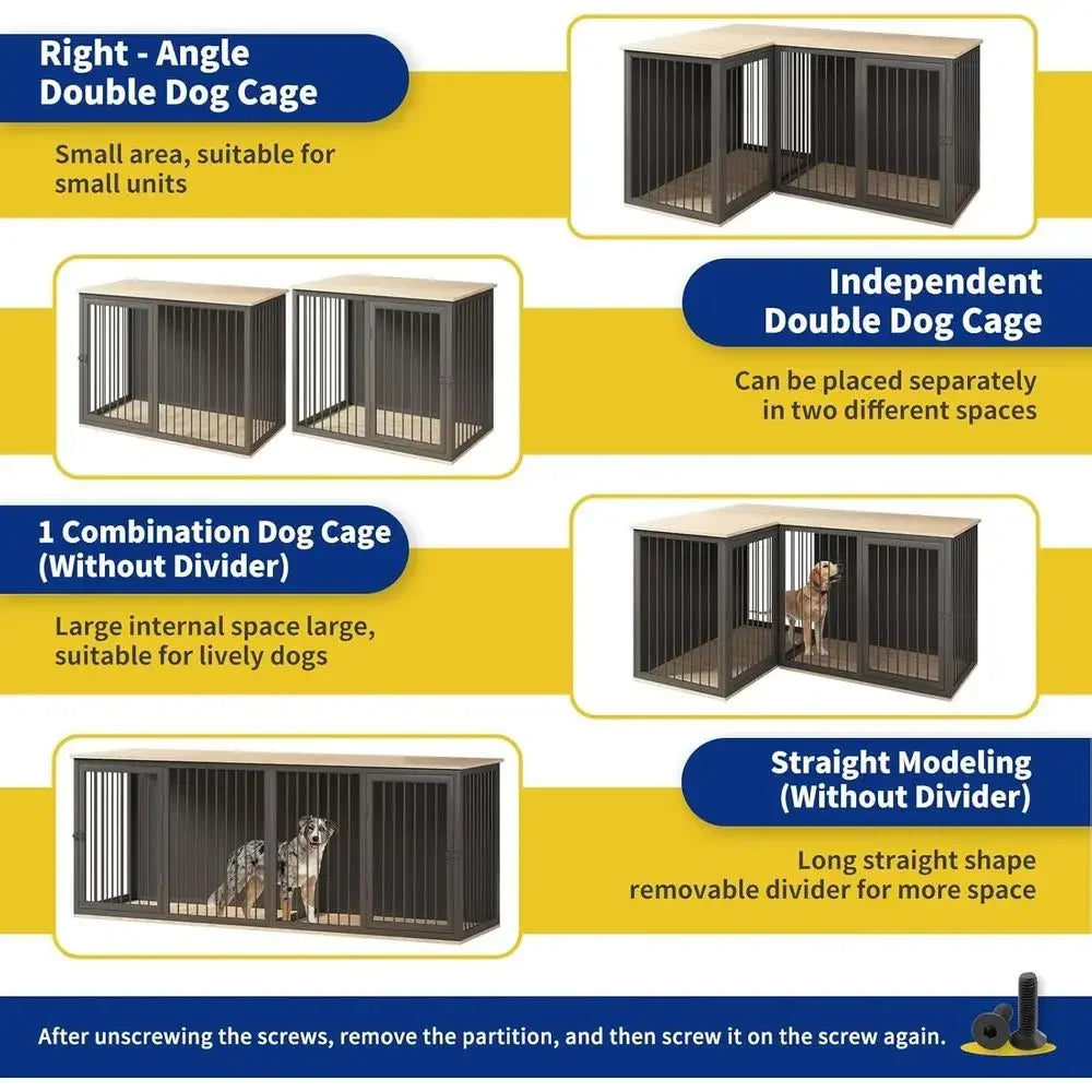 Large Double Dog Crate with Divider, 79.1 & 37.4 Lengths, Steel Frame, Black Gray