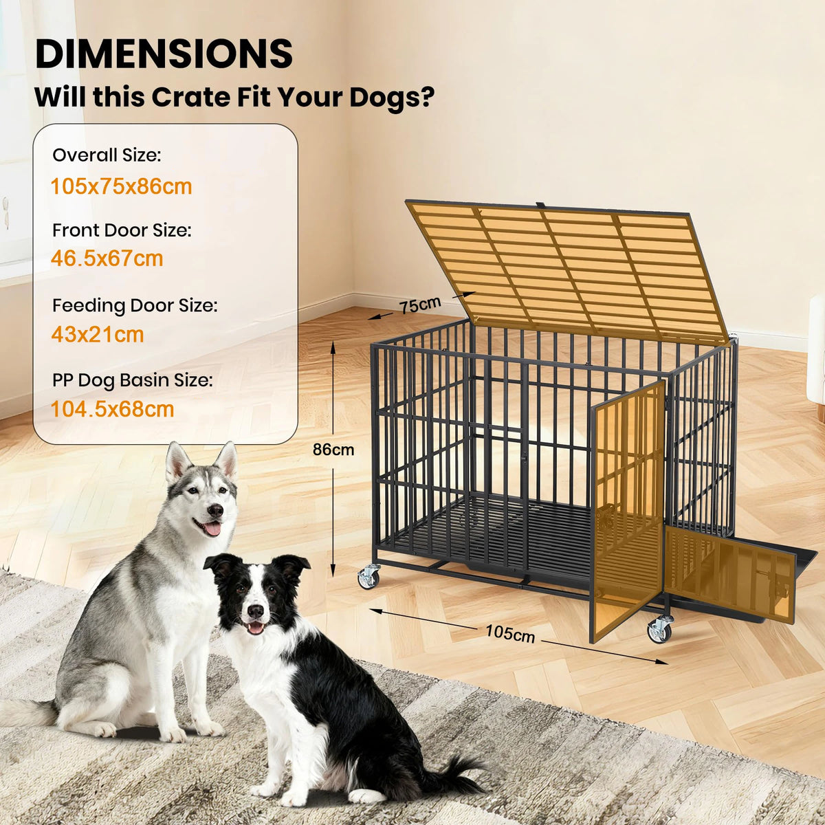 Heavy Duty Escape-Proof Metal Dog Crate Steel Kennel Dog Cage with 3 Doors, Removable Tray, Locking Wheels Medium/Large Breeds
