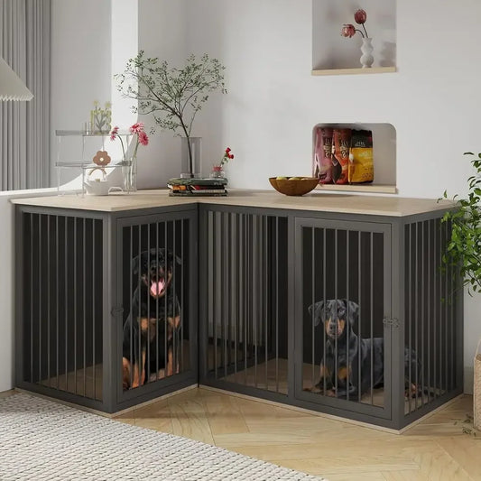 Large Double Dog Crate with Divider, 79.1 & 37.4 Lengths, Steel Frame, Black Gray