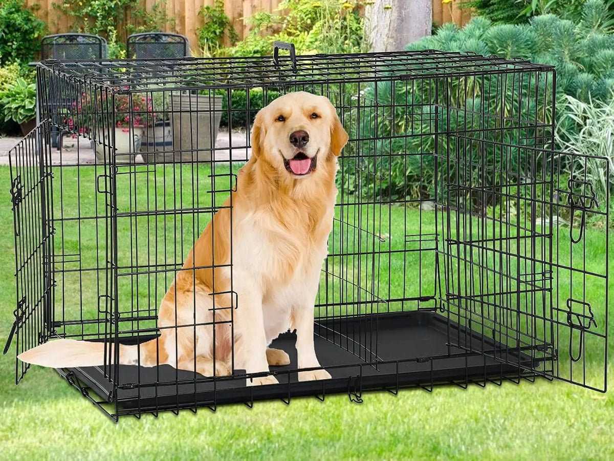 48 Inch Double Door Dog Crate with Divider & Tray, Folding XL XXL Pet Kennel for Indoor Outdoor Use