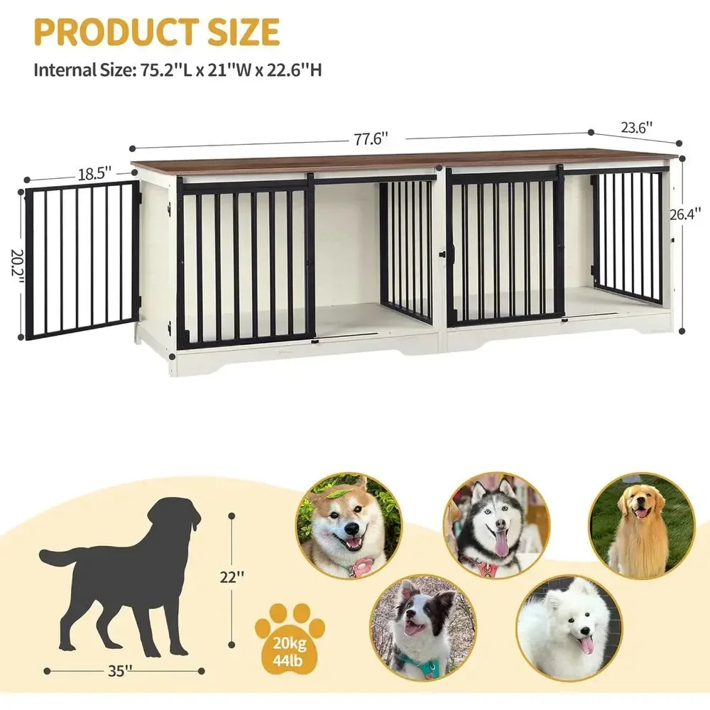 Double Dog Cage with Divider, Heavy Duty Wooden Kennel, Pet Crate for Large, Medium, Small Dogs, Barn Door Style, White/Brown