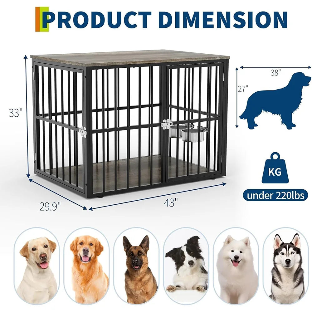 32"/43" Heavy Duty Wooden Pet Cage Side Table Double Door Dog Crate Secure Indoor Enclosure For Small Medium Large Dogs