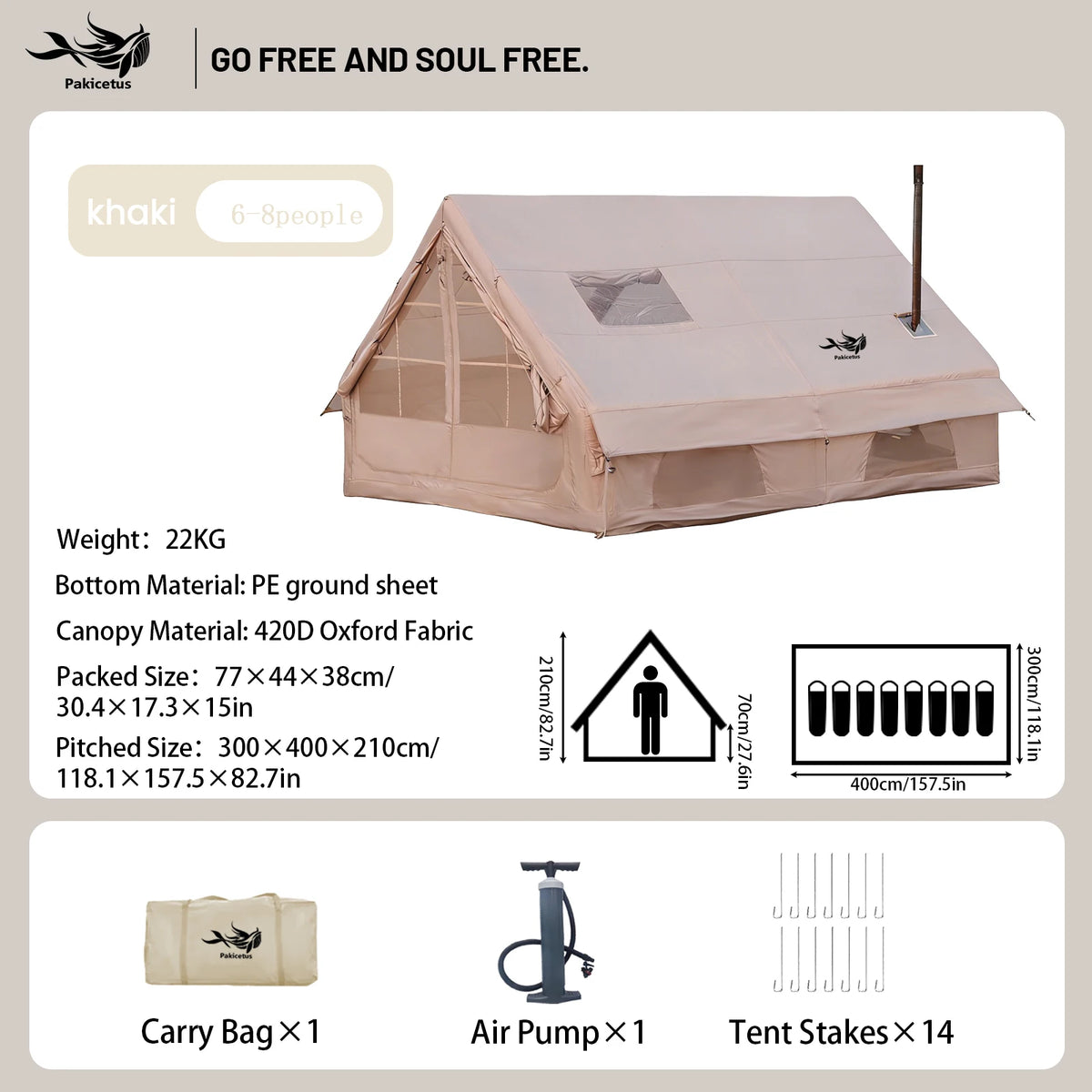 Pakicetus Quick Setup Inflatable Camping Tent, Waterproof Family Tent for 4-8 Persons, Portable Air Tent with Carry Bag
