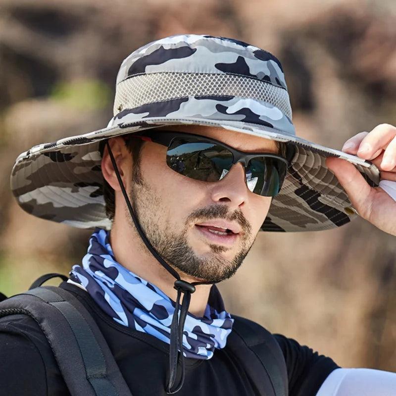 Summer Men Breathable Sun Hat Outdoor Traveling Fishing Hiking Hat Sunscreen Fisherman Bucket Hats Wide Brim Male Cap Uv Protect
