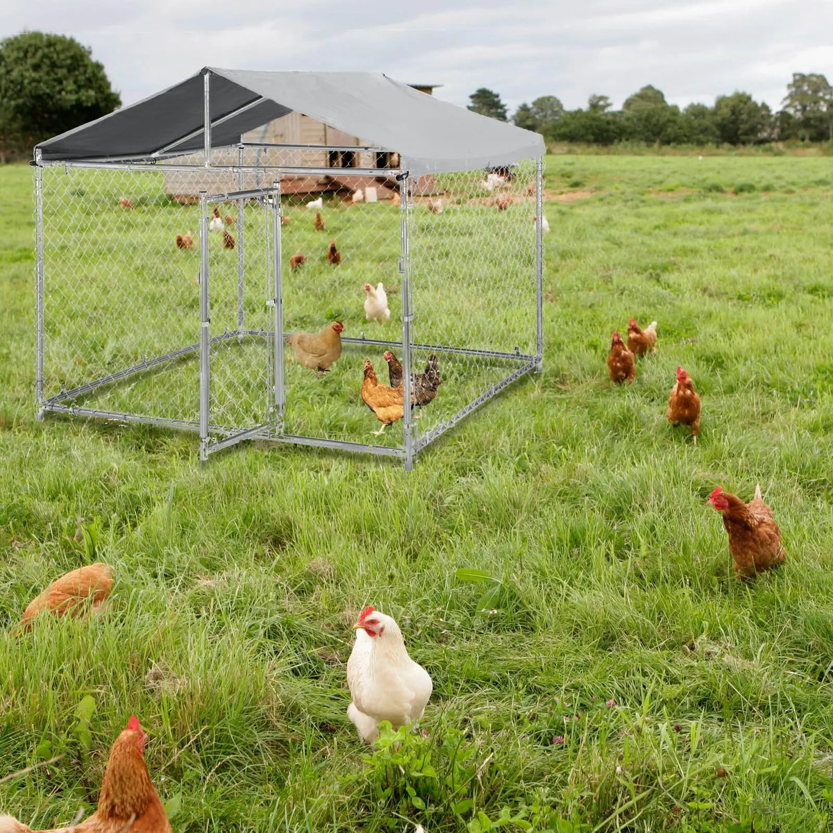 79×79×70 Inch Heavy Duty Metal Dog Kennel Outdoor Galvanized Pet Cage With Waterproof UV Cover & Lock Large Outside Fence Pen