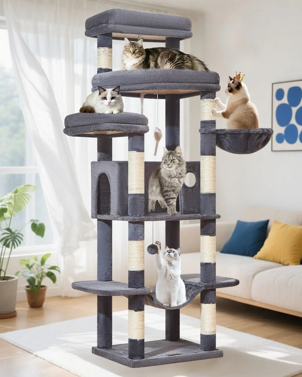 71" Cat Tree for Large Cats 20lbs+, 3 Giant Perches, Multi-Level Tower with 9 Scratching Posts, Hammock & Basket, Smoky Gray