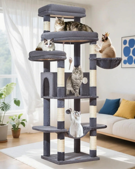 71" Cat Tree for Large Cats 20lbs+, 3 Giant Perches, Multi-Level Tower with 9 Scratching Posts, Hammock & Basket, Smoky Gray