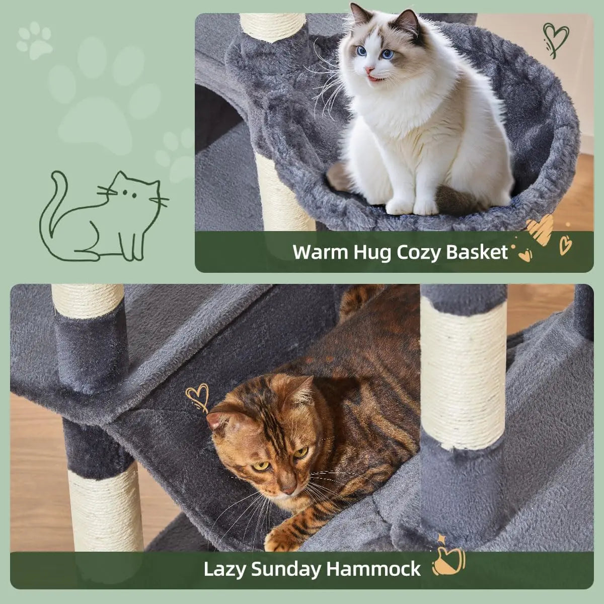 71" Cat Tree for Large Cats 20lbs+, 3 Giant Perches, Multi-Level Tower with 9 Scratching Posts, Hammock & Basket, Smoky Gray