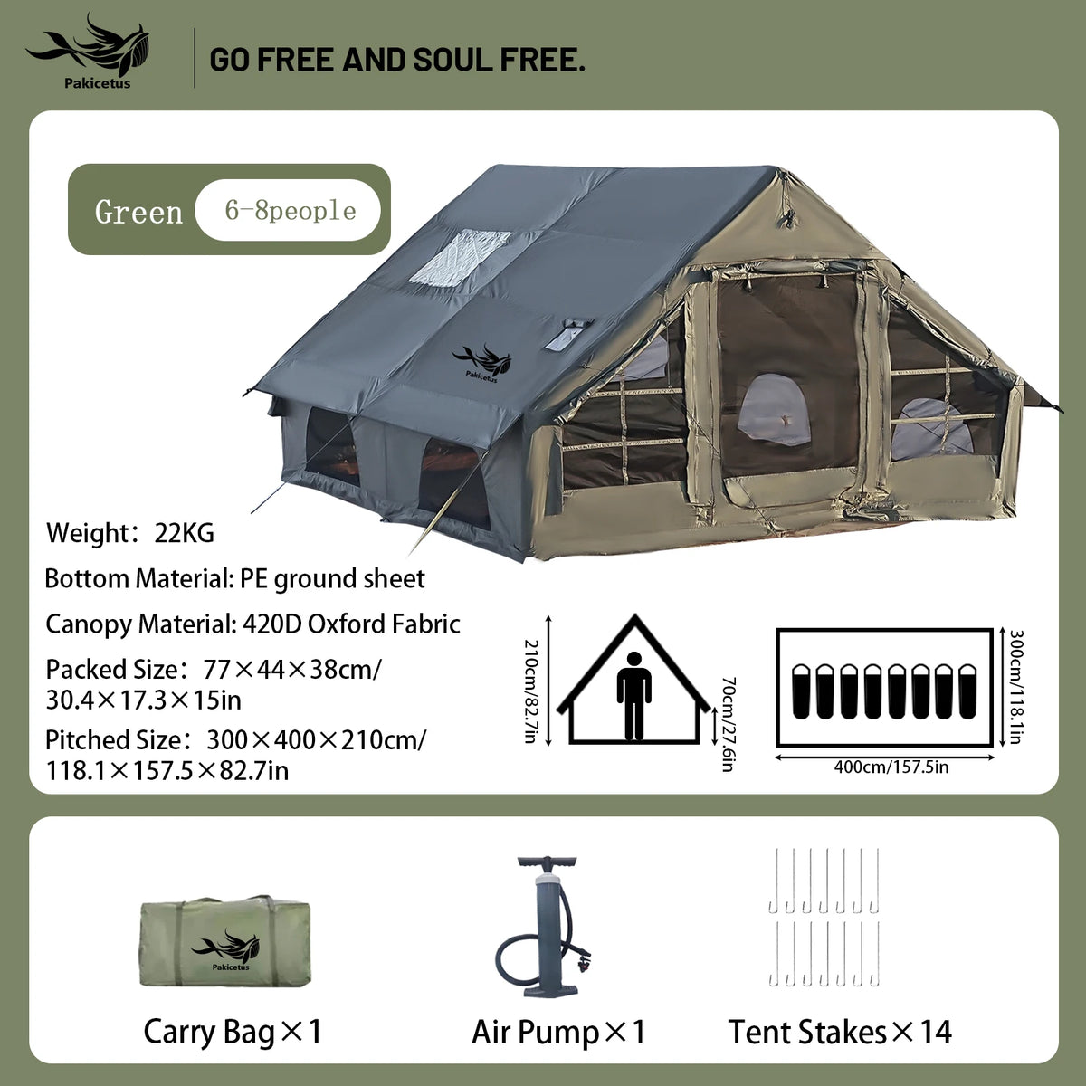 Pakicetus Quick Setup Inflatable Camping Tent, Waterproof Family Tent for 4-8 Persons, Portable Air Tent with Carry Bag
