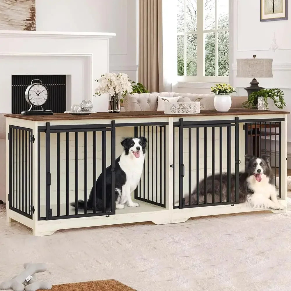 Double Dog Cage with Divider, Heavy Duty Wooden Kennel, Pet Crate for Large, Medium, Small Dogs, Barn Door Style, White/Brown