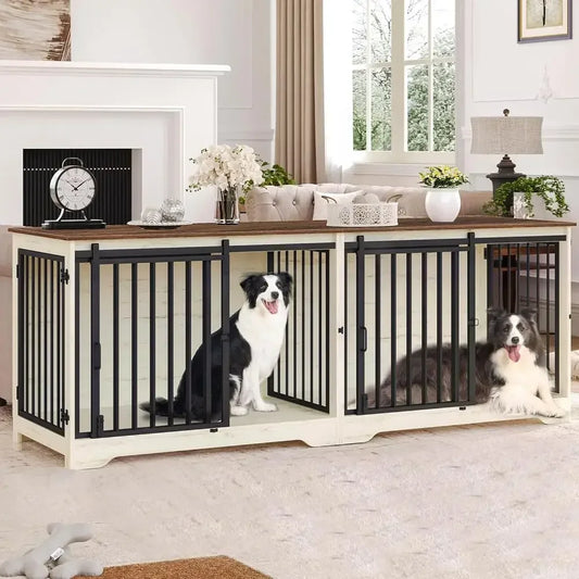 Double Dog Cage with Divider, Heavy Duty Wooden Kennel, Pet Crate for Large, Medium, Small Dogs, Barn Door Style, White/Brown