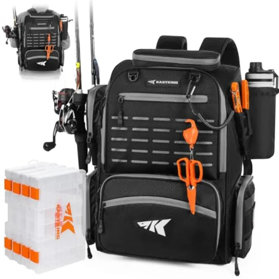 Fishing tackle backpack for outdoor use, durable nylon fabric, black color, features 4 tackle boxes, rod holders, and included