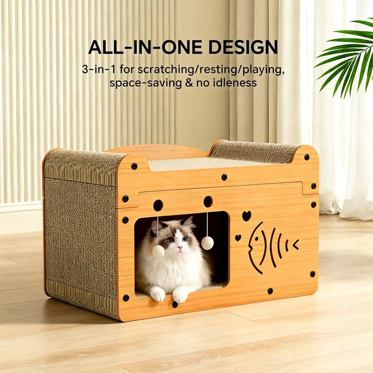 Cat Scratching Board And Resting Bed | Durable Cardboard Scratcher With Hanging Toys, Suitable For Kittens/Adult Cats