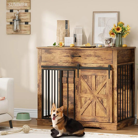 37.8" Farmhouse Dog Crate Furniture 2-in-1 Iron-Wood Dog Cage End Table With Sliding Barn Doors & Drawer For Small Medium Dogs