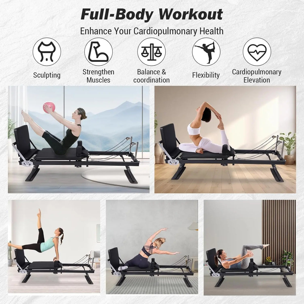 HiMISS Foldable Reformer Pilates Machine With Adjustable Heights