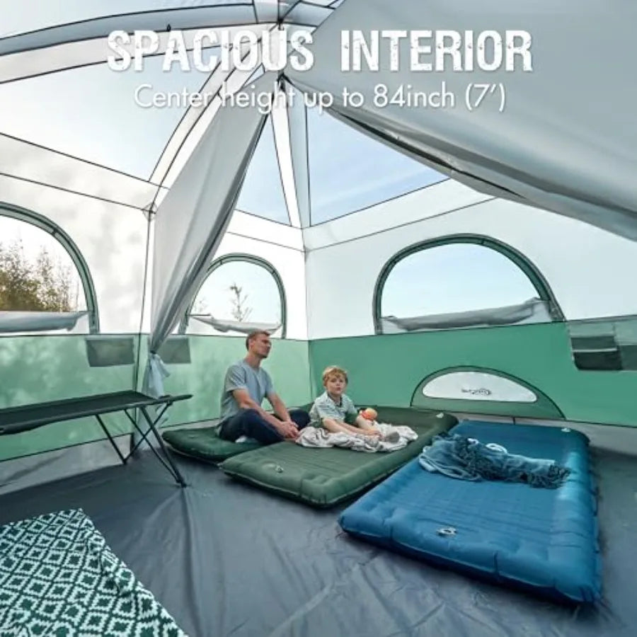 Family camping tent for 6/8/10 persons with porch, tall height, excellent ventilation, water-resistant fabric, ideal for outdoo