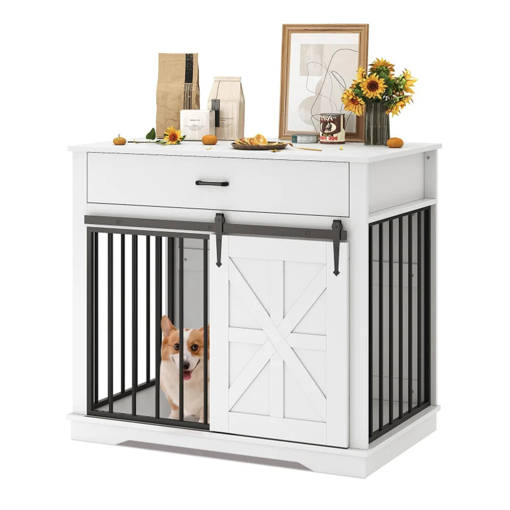 37.8" Farmhouse Dog Crate Furniture 2-in-1 Iron-Wood Dog Cage End Table With Sliding Barn Doors & Drawer For Small Medium Dogs