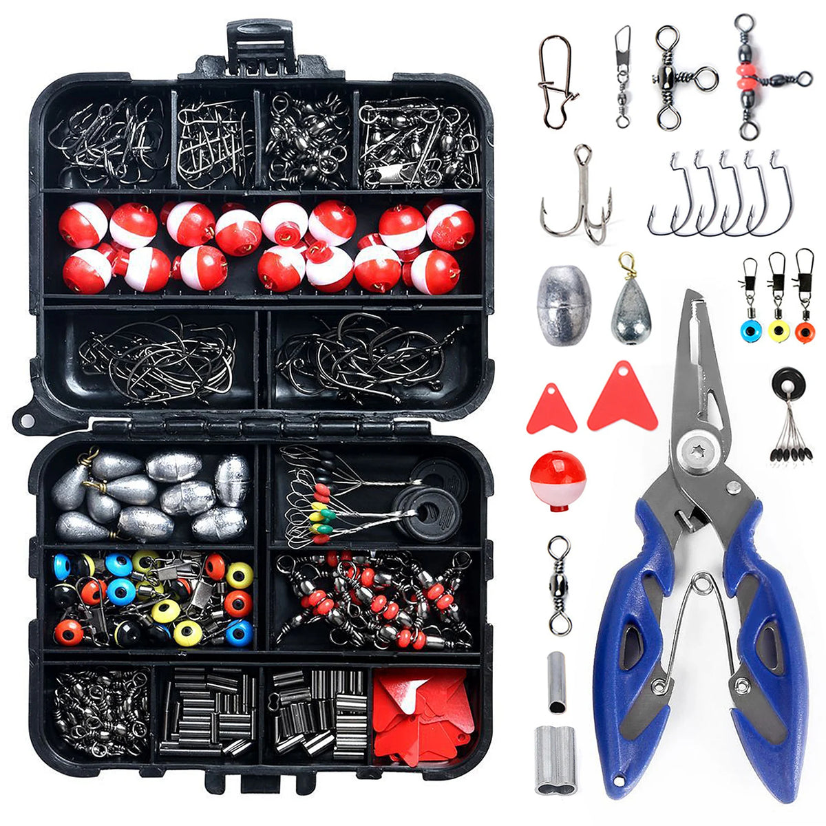 NEW 263pcs Fishing Slides Fishing Accessories Set with Tackle Box Including Plier Jig Hooks Sinker Weight Swivels Snaps Sinker