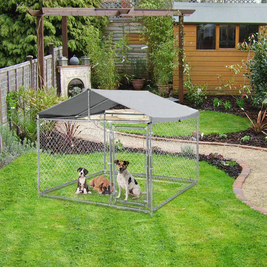 79×79×70 Inch Heavy Duty Metal Dog Kennel Outdoor Galvanized Pet Cage With Waterproof UV Cover & Lock Large Outside Fence Pen