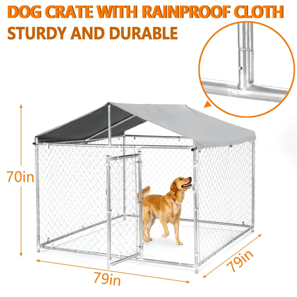 79×79×70 Inch Heavy Duty Metal Dog Kennel Outdoor Galvanized Pet Cage With Waterproof UV Cover & Lock Large Outside Fence Pen