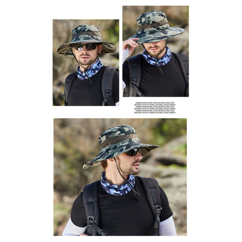 Summer Men Breathable Sun Hat Outdoor Traveling Fishing Hiking Hat Sunscreen Fisherman Bucket Hats Wide Brim Male Cap Uv Protect