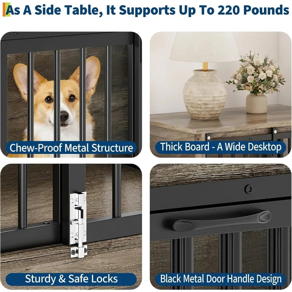 32"/43" Heavy Duty Wooden Pet Cage Side Table Double Door Dog Crate Secure Indoor Enclosure For Small Medium Large Dogs
