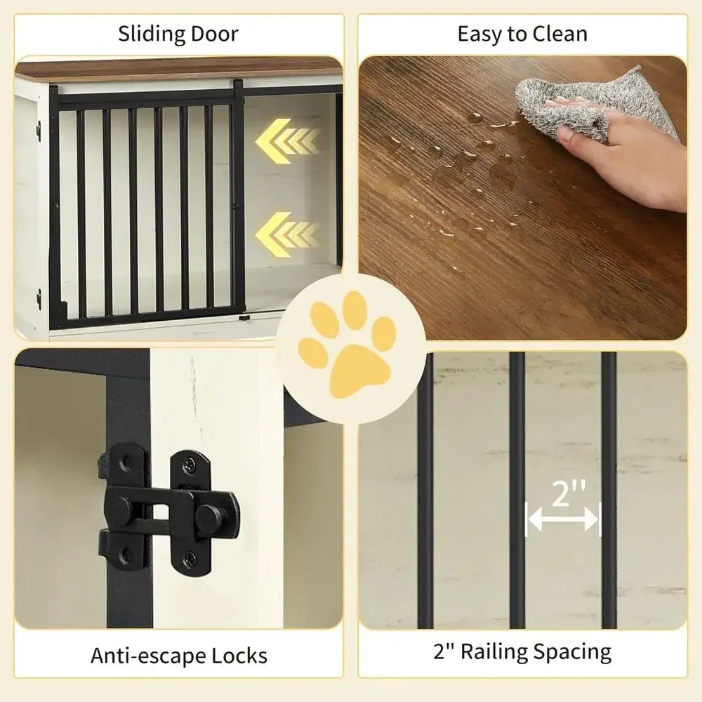 Double Dog Cage with Divider, Heavy Duty Wooden Kennel, Pet Crate for Large, Medium, Small Dogs, Barn Door Style, White/Brown