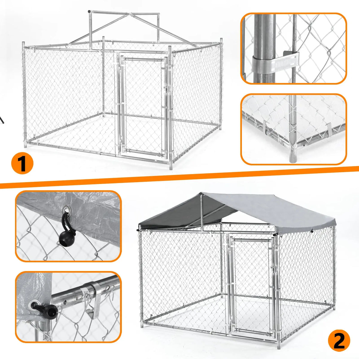 79×79×70 Inch Heavy Duty Metal Dog Kennel Outdoor Galvanized Pet Cage With Waterproof UV Cover & Lock Large Outside Fence Pen