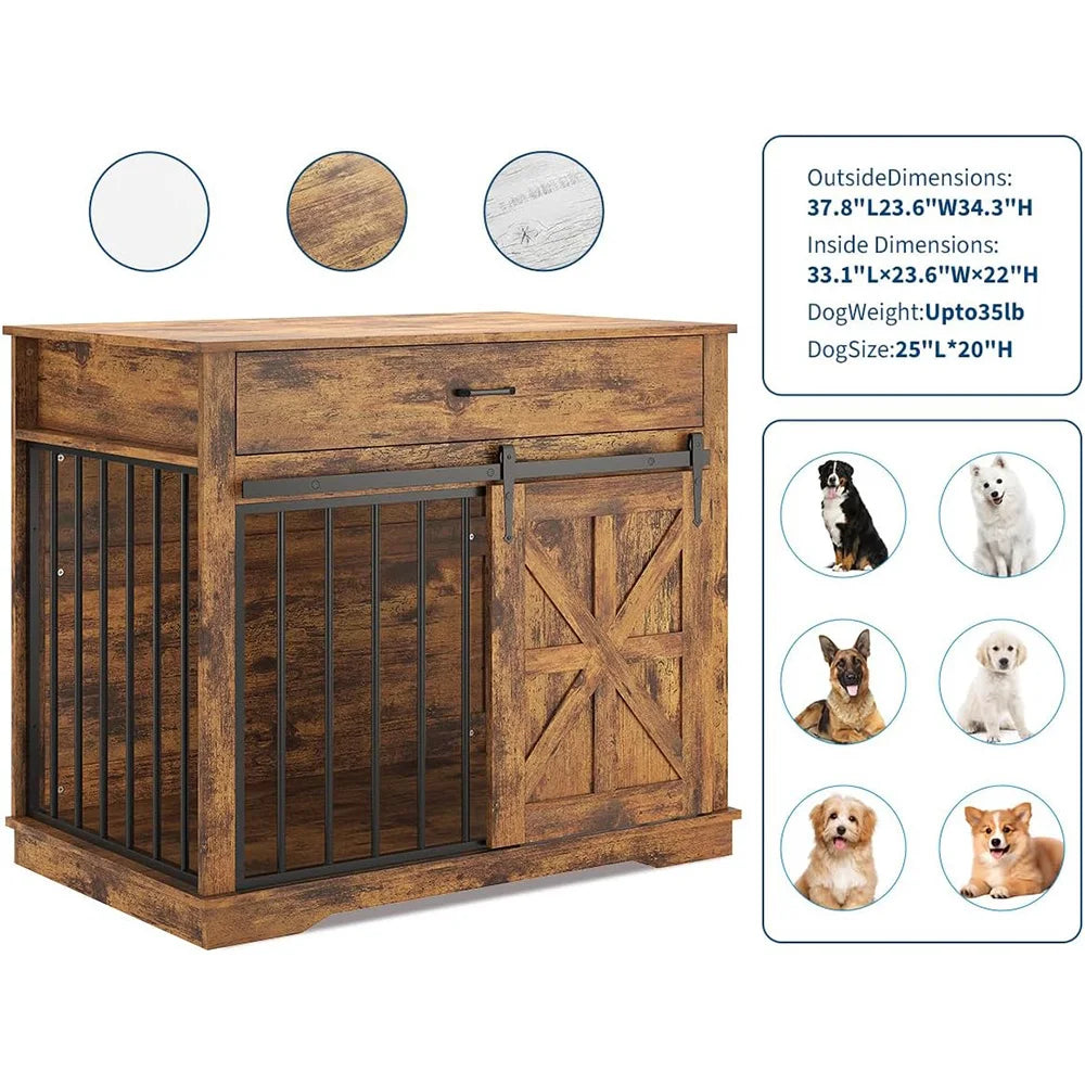 37.8" Farmhouse Dog Crate Furniture 2-in-1 Iron-Wood Dog Cage End Table With Sliding Barn Doors & Drawer For Small Medium Dogs